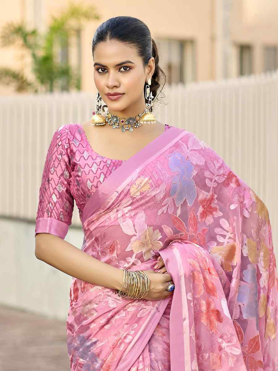 Pink Georgette Printed Casual Reception Festival Wedding Fancy Heavy Border Saree