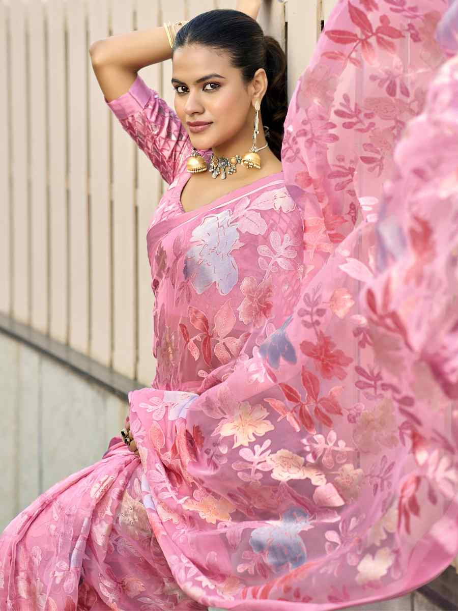 Pink Georgette Printed Casual Reception Festival Wedding Fancy Heavy Border Saree