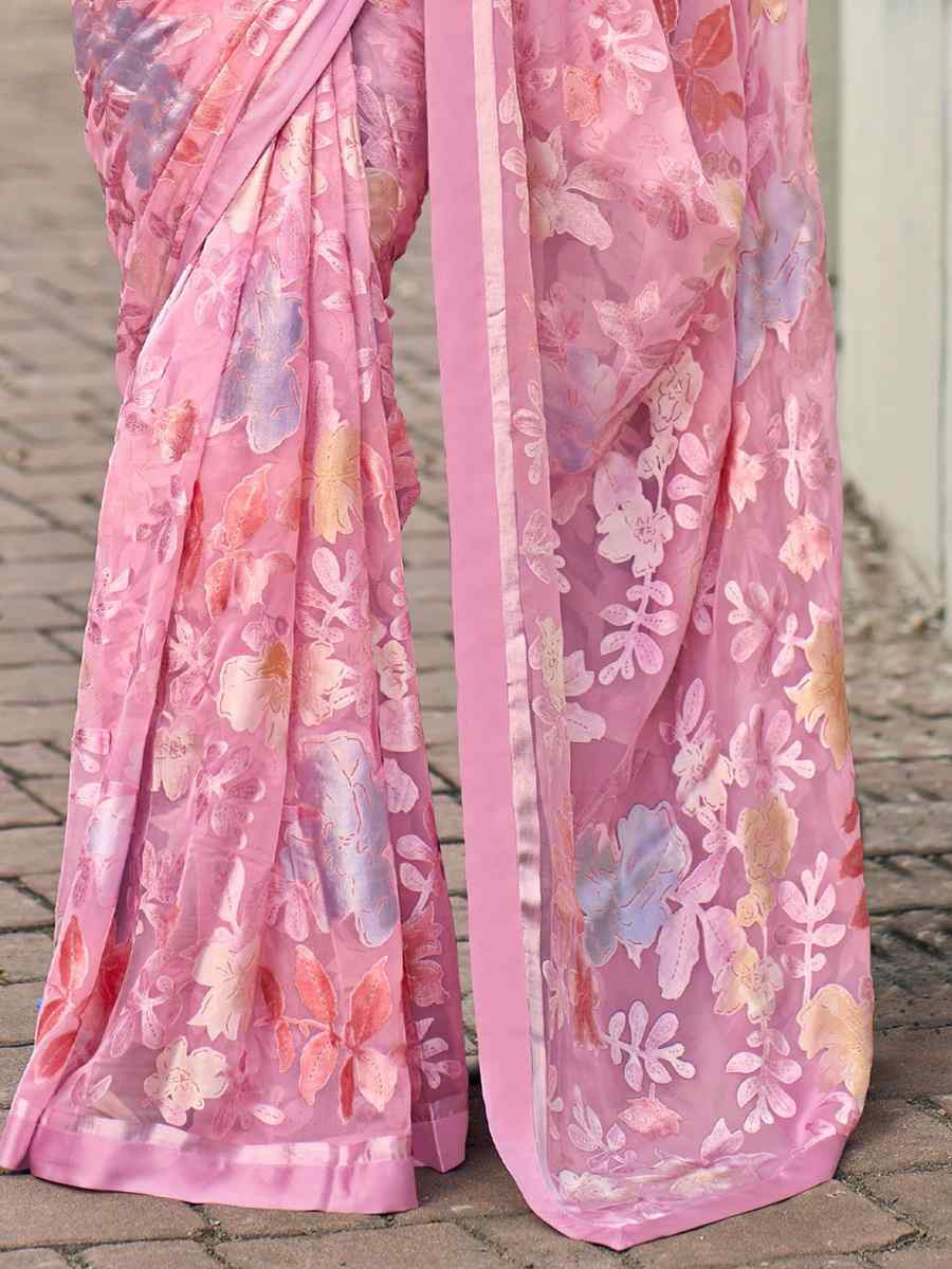Pink Georgette Printed Casual Reception Festival Wedding Fancy Heavy Border Saree