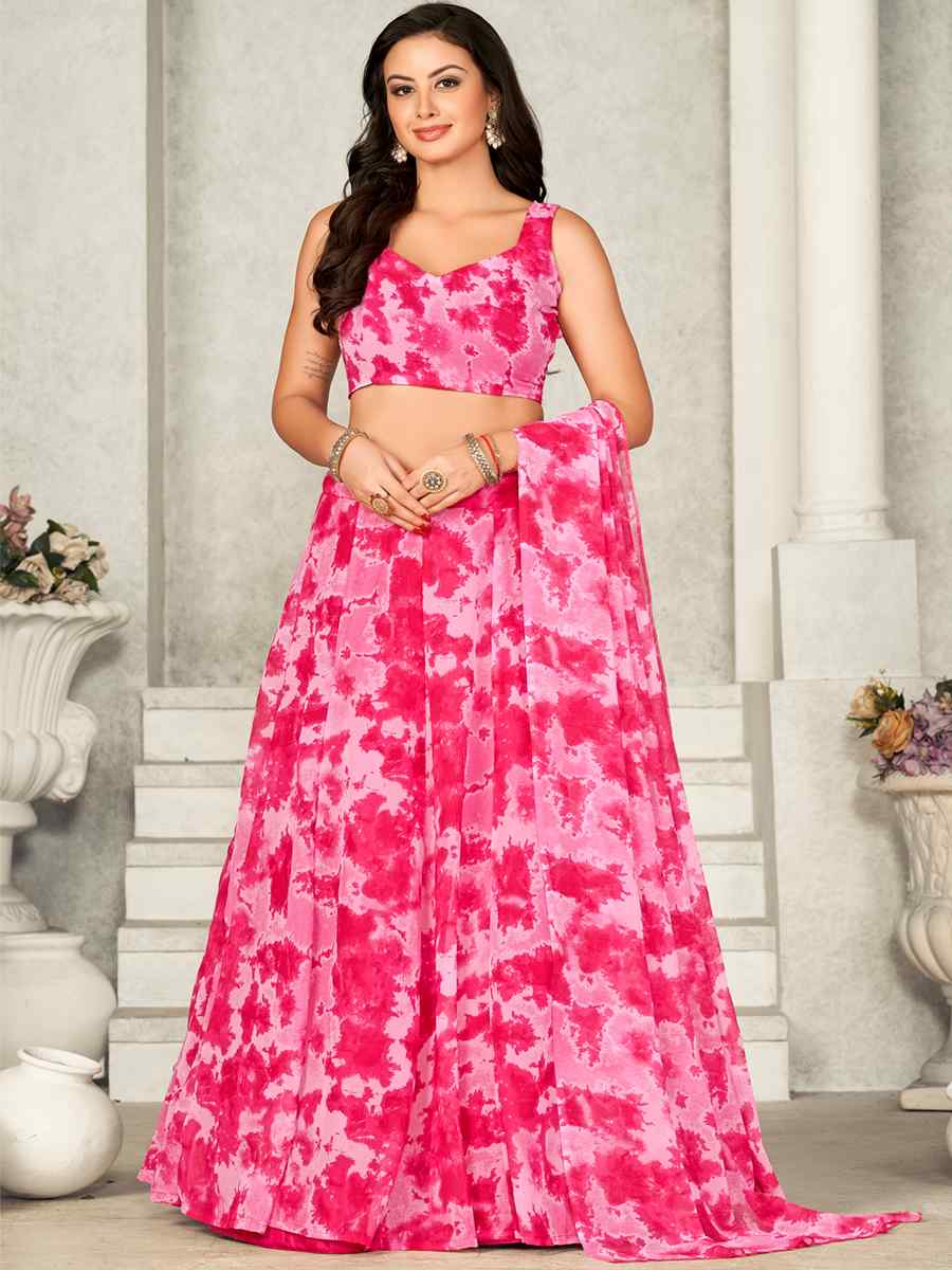 Pink Georgette Printed Festival Wedding Circular Lehenga Choli
