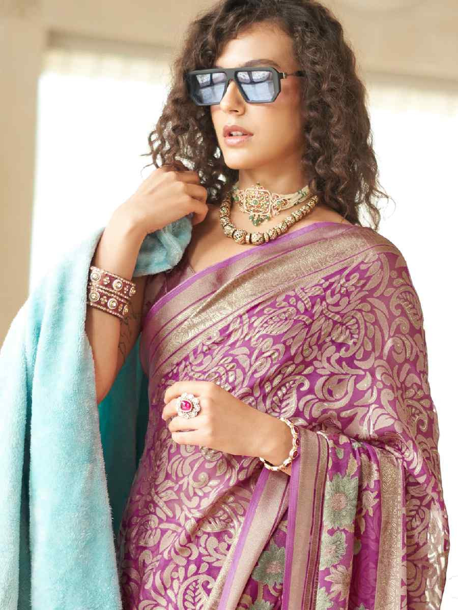Pink Georgette Printed Party Reception Festival Wedding Fancy Classic Style Sarees