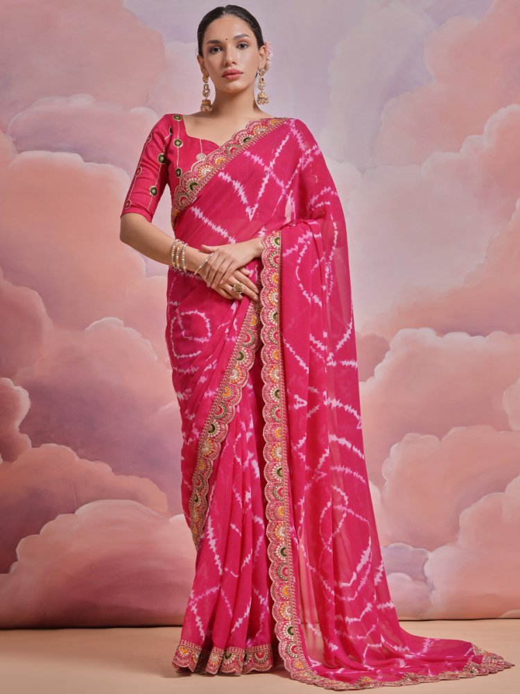 Pink Georgette Printed Wedding Festival Classic Style Saree