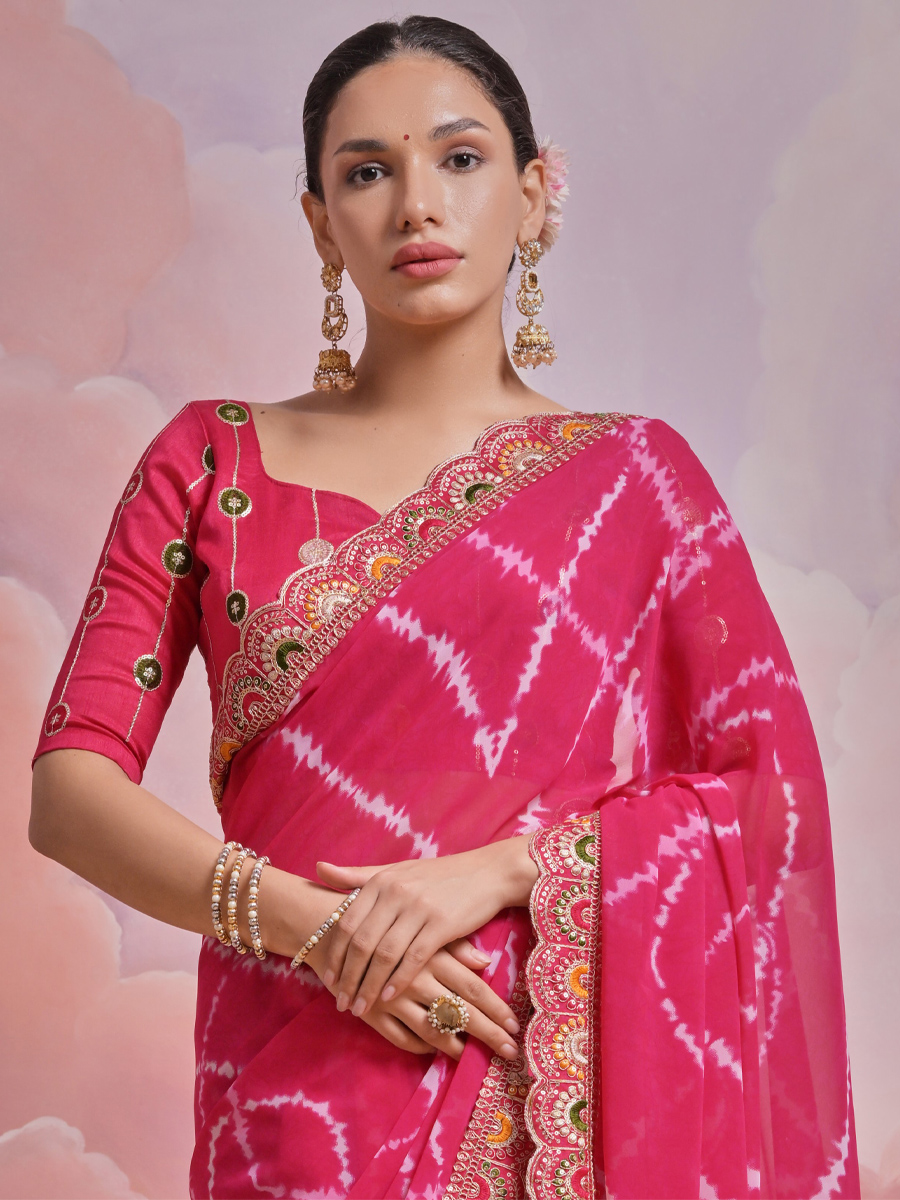 Pink Georgette Printed Wedding Festival Classic Style Saree