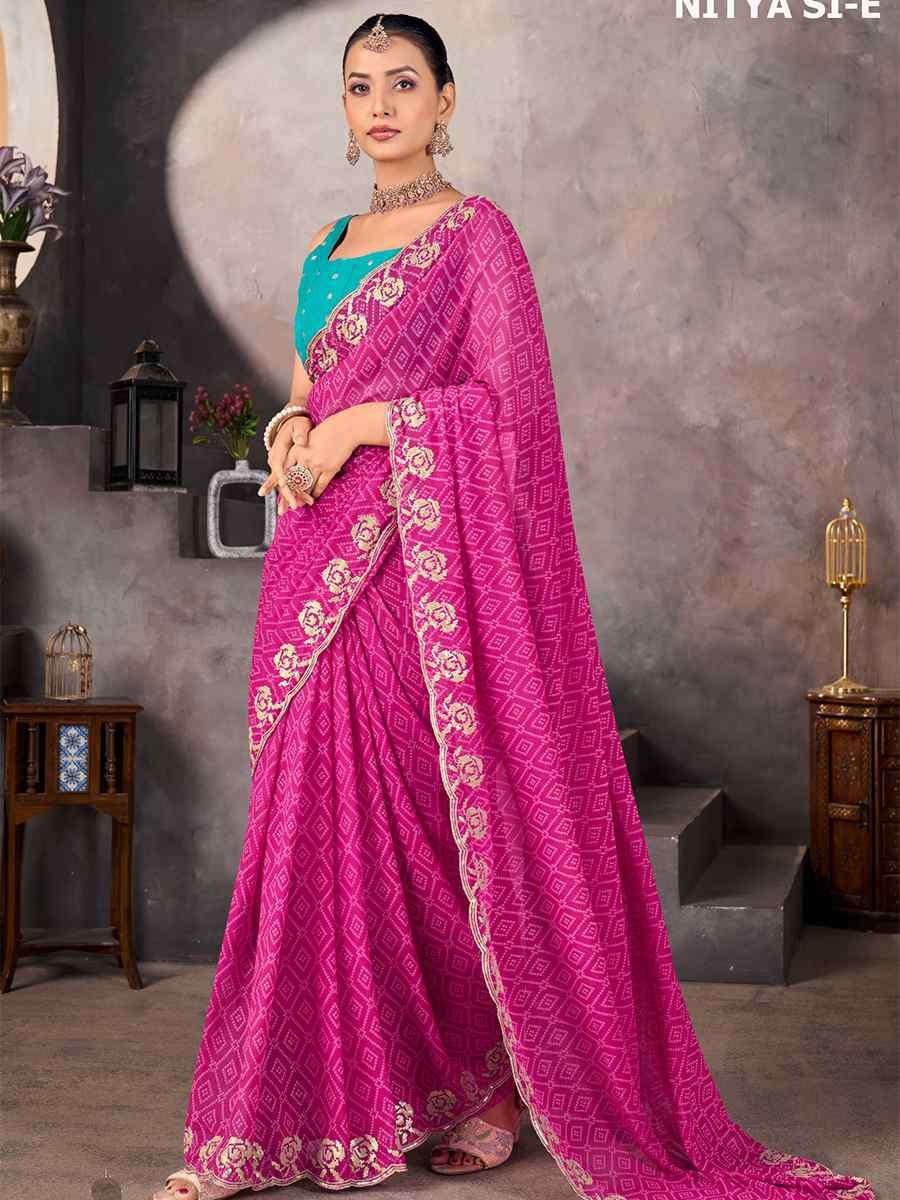 Pink Georgette Printed with Embroidered Festival Wedding Fancy Heavy Border Saree