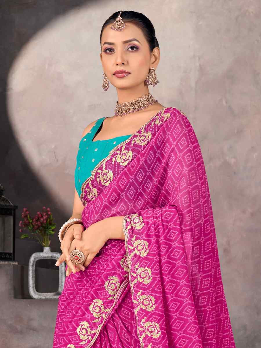 Pink Georgette Printed with Embroidered Festival Wedding Fancy Heavy Border Saree