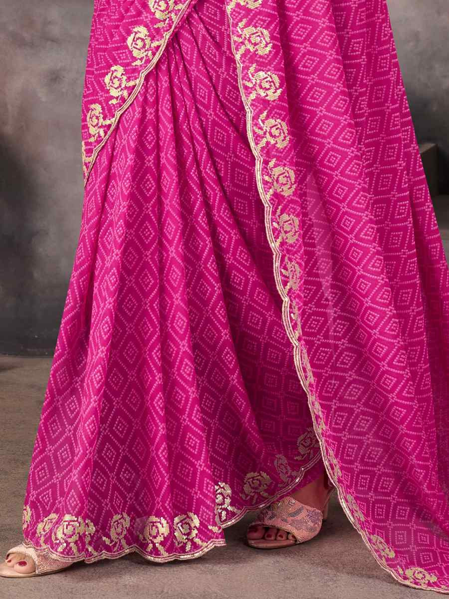 Pink Georgette Printed with Embroidered Festival Wedding Fancy Heavy Border Saree