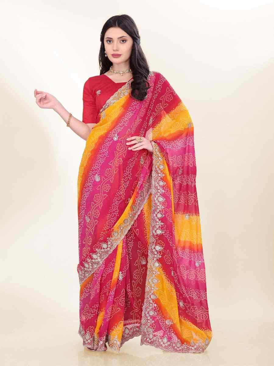 Pink Georgette Printed with Embroidered Festival Wedding Fancy Heavy Border Saree