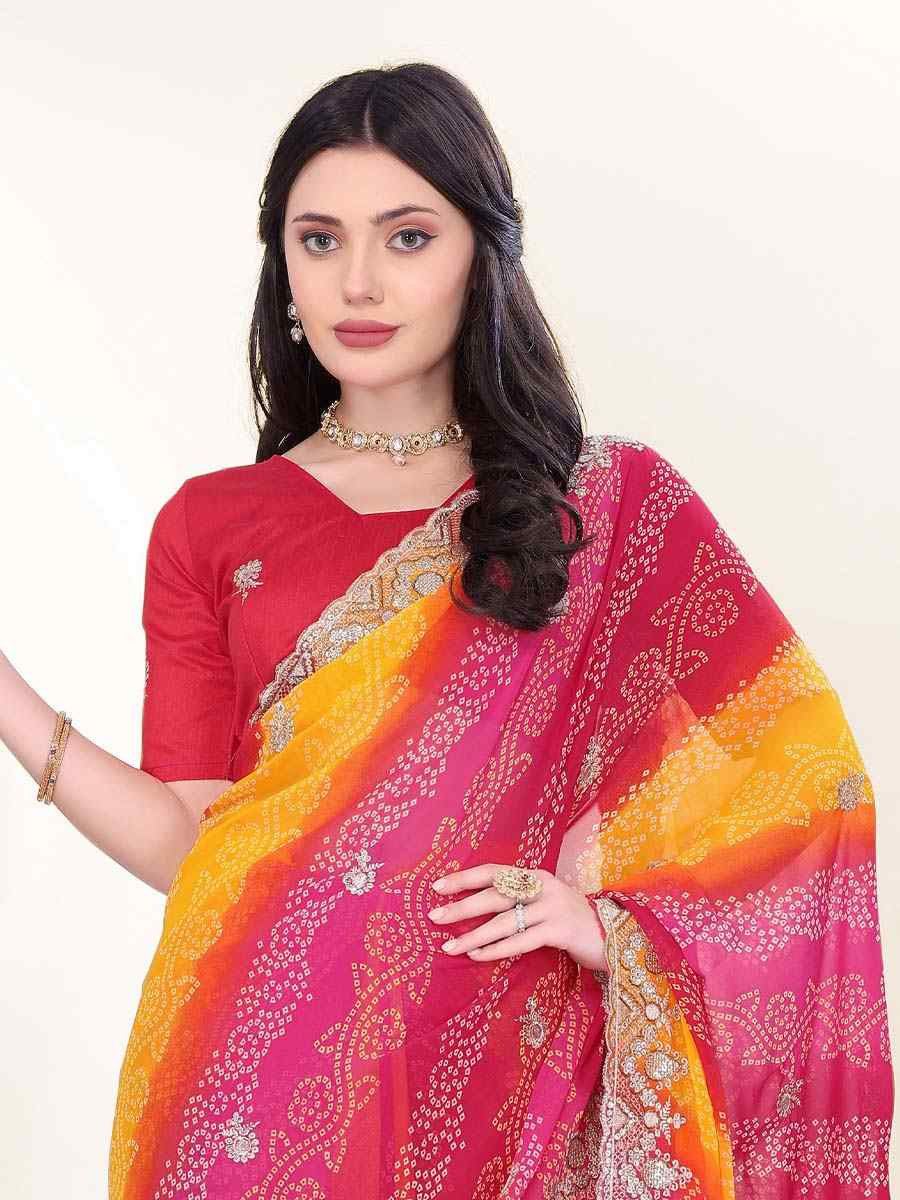 Pink Georgette Printed with Embroidered Festival Wedding Fancy Heavy Border Saree