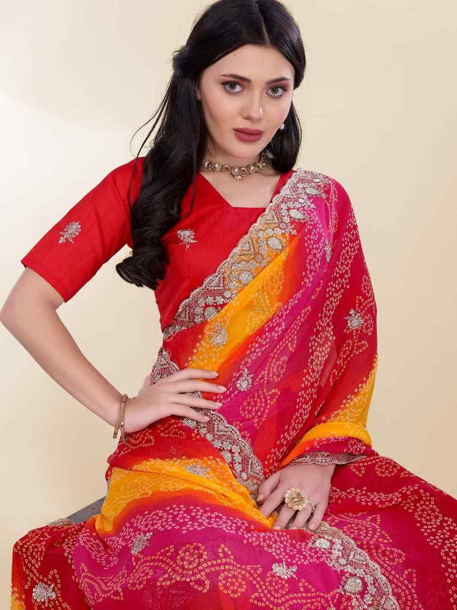 Pink Georgette Printed with Embroidered Festival Wedding Fancy Heavy Border Saree