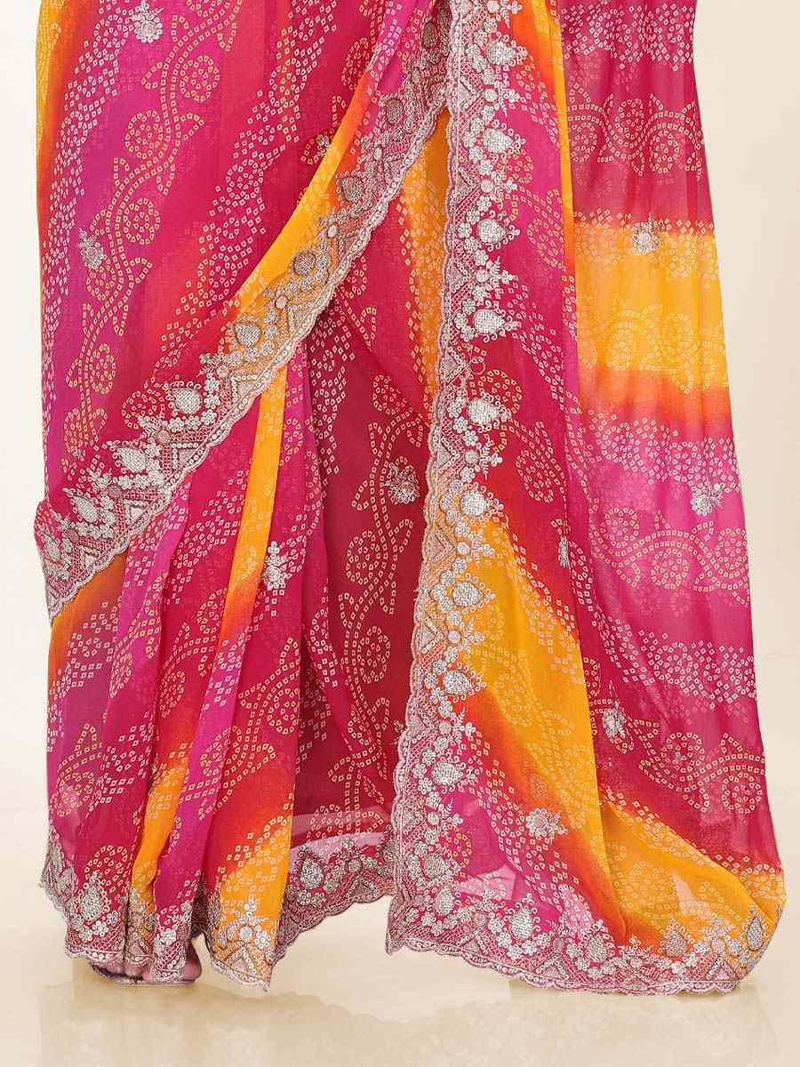 Pink Georgette Printed with Embroidered Festival Wedding Fancy Heavy Border Saree