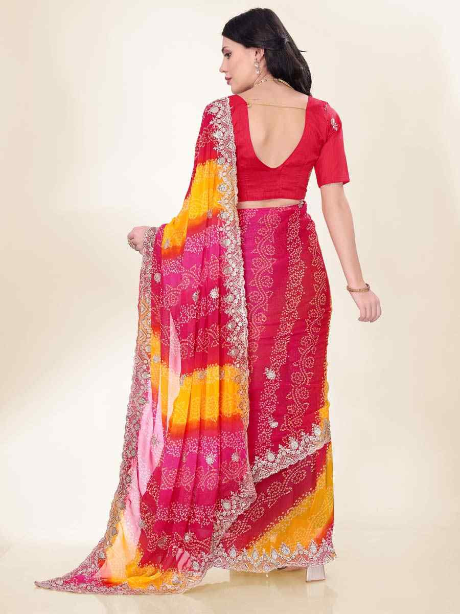 Pink Georgette Printed with Embroidered Festival Wedding Fancy Heavy Border Saree