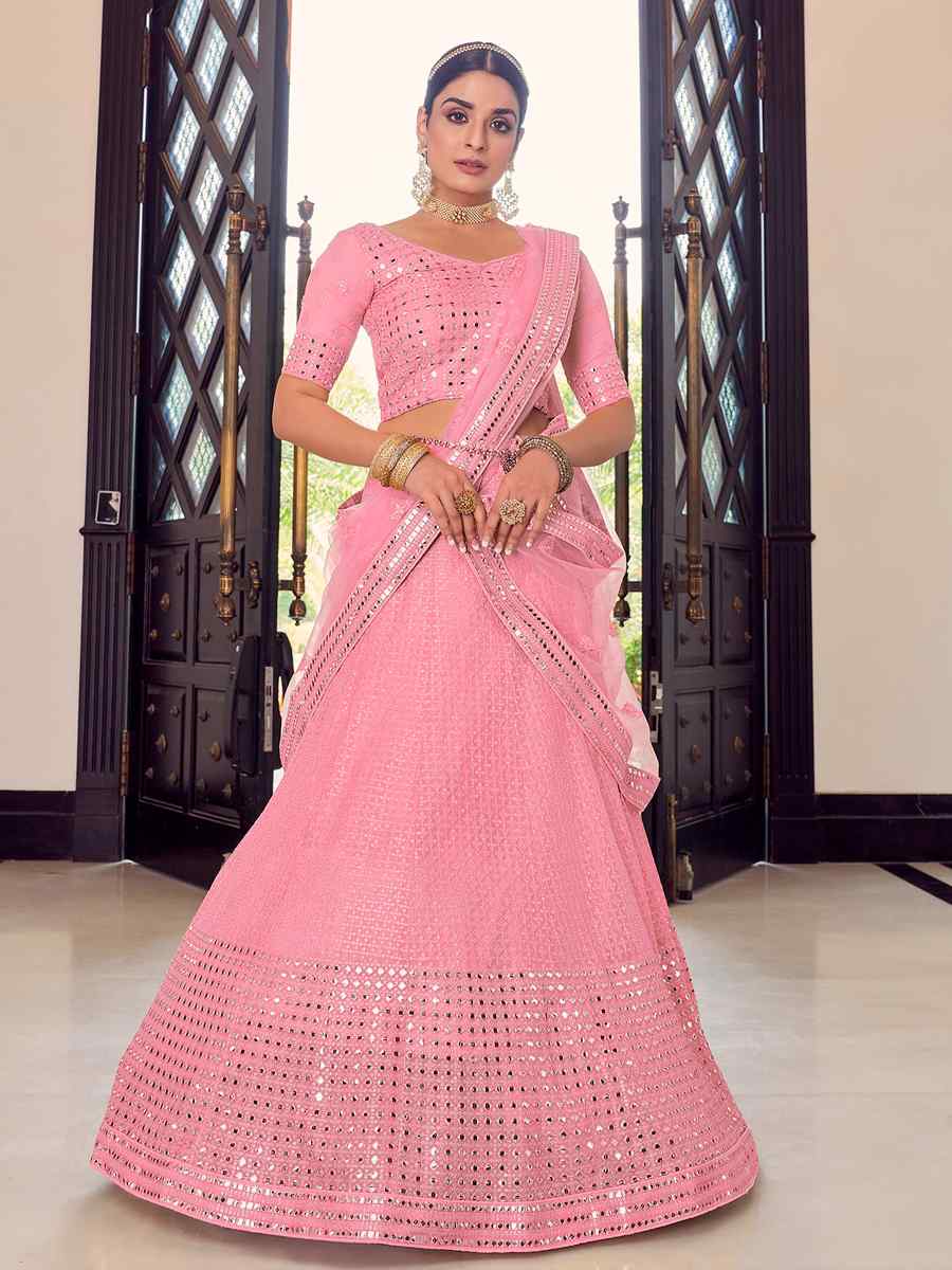 Pink Georgette Sequins Bridal Heavy Border Lehenga Choli
