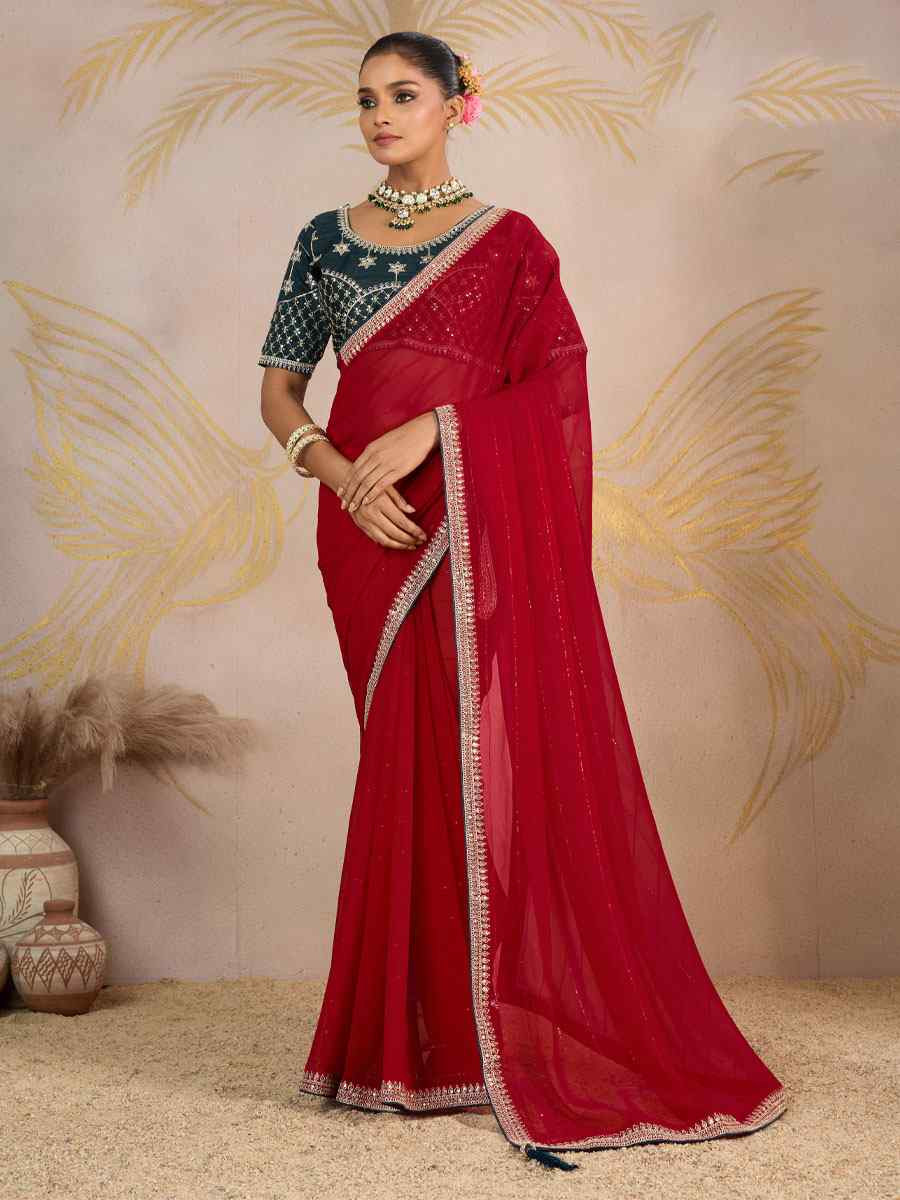 Pink Georgette Sequins Embroidery Party Reception Festival Wedding Fancy Classic Style Sarees