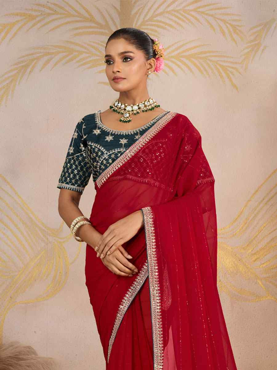 Pink Georgette Sequins Embroidery Party Reception Festival Wedding Fancy Classic Style Sarees