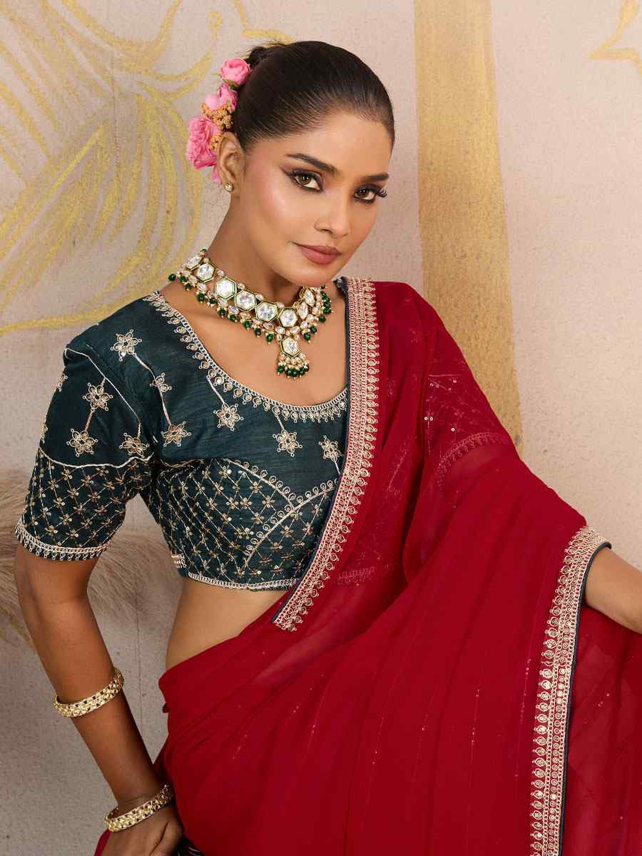 Pink Georgette Sequins Embroidery Party Reception Festival Wedding Fancy Classic Style Sarees