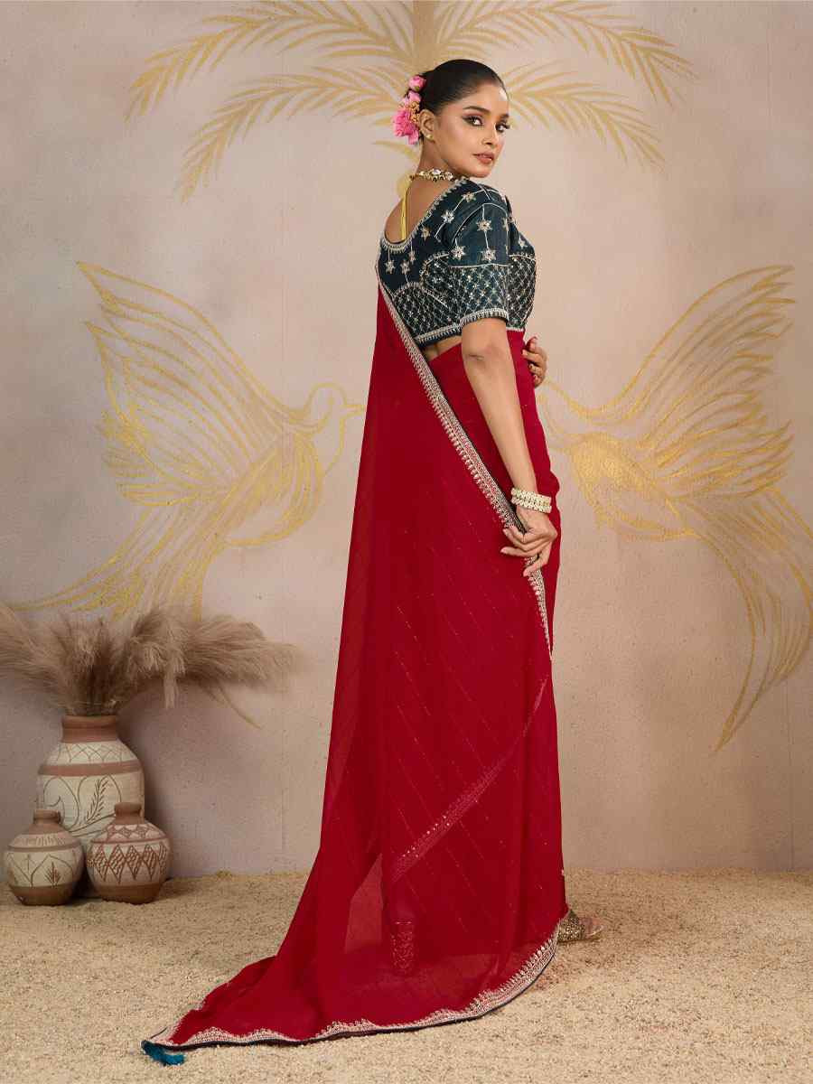 Pink Georgette Sequins Embroidery Party Reception Festival Wedding Fancy Classic Style Sarees