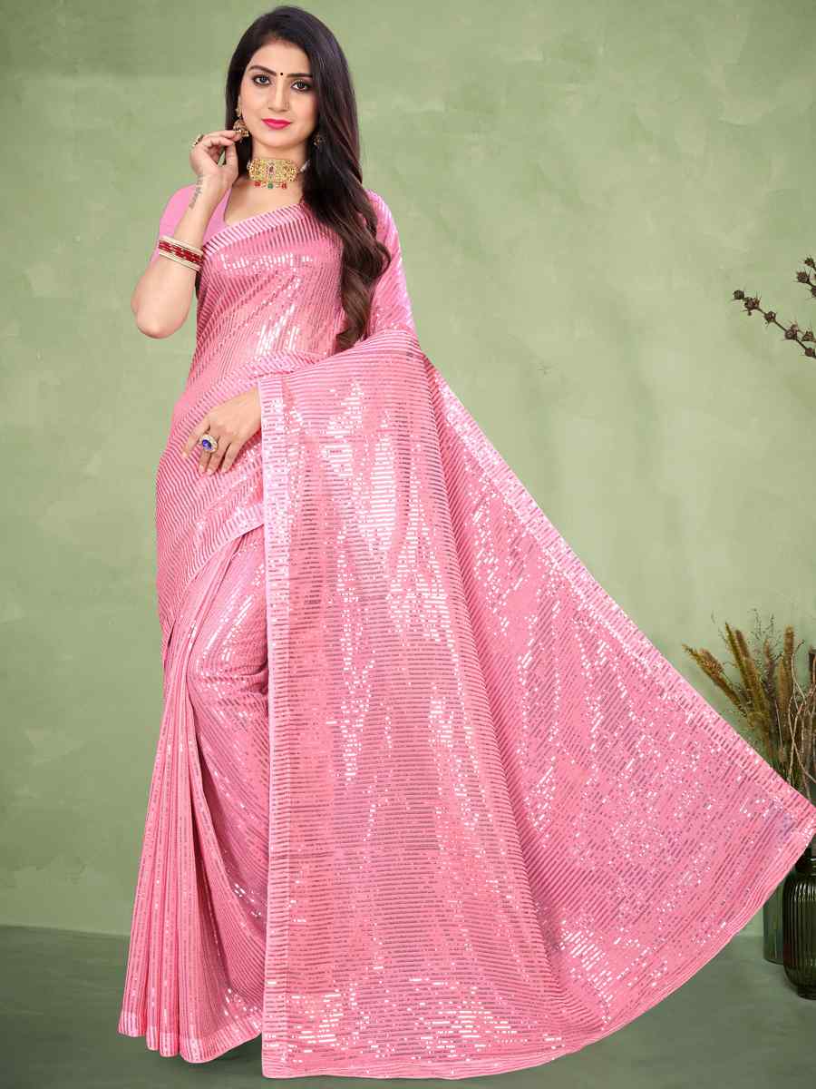 Pink Georgette Sequins Party Festival Classic Style Saree