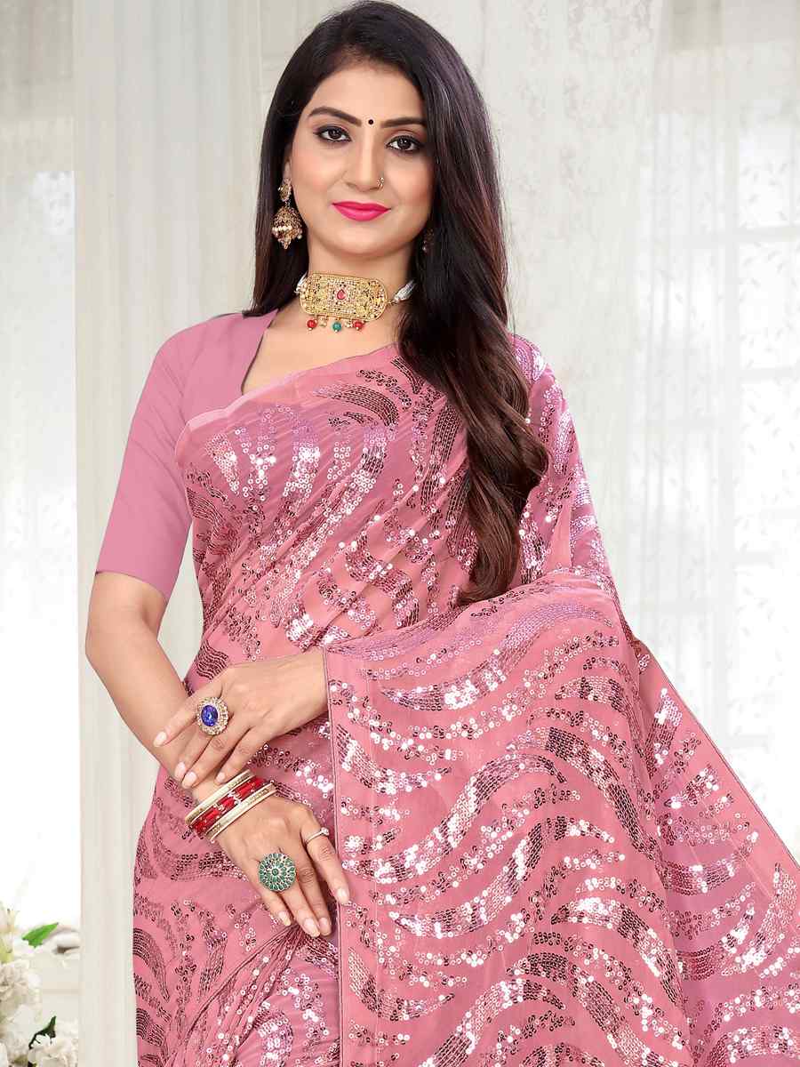 Pink Georgette Sequins Party Festival Classic Style Saree