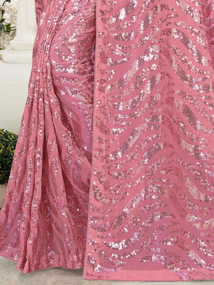Pink Georgette Sequins Party Festival Classic Style Saree