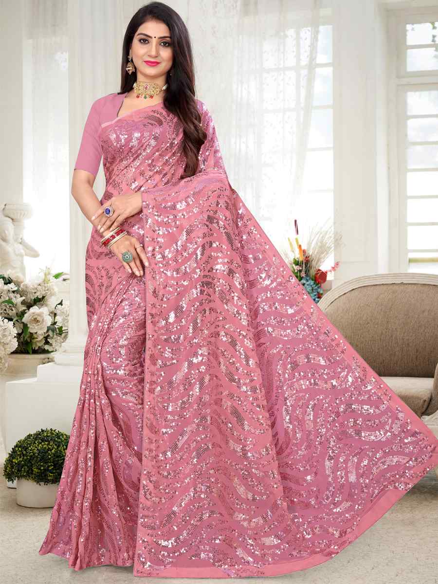 Pink Georgette Sequins Party Festival Classic Style Saree
