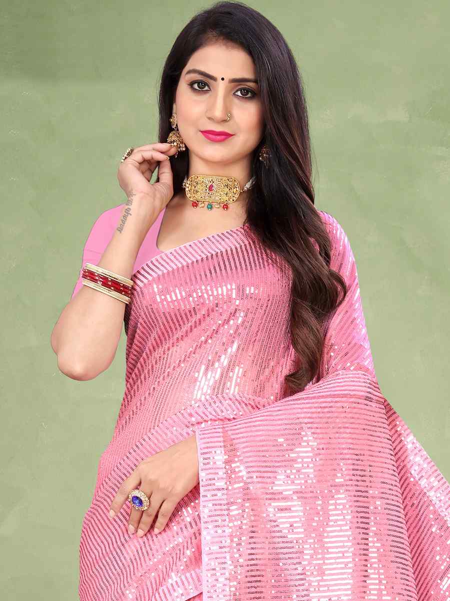 Pink Georgette Sequins Party Festival Classic Style Saree