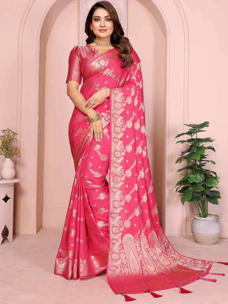 Pink Georgette Silk Handwoven Festival Wedding Fancy Heavy Border Saree