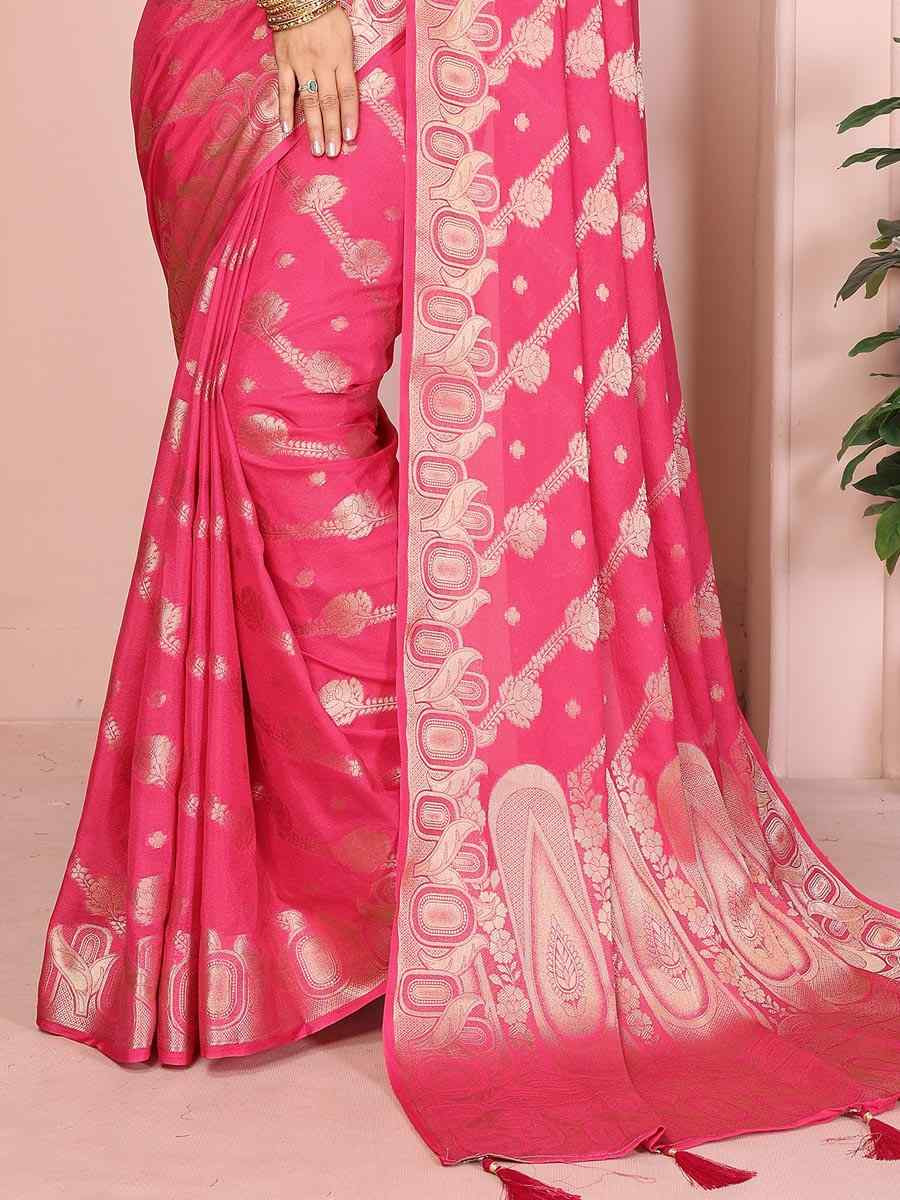 Pink Georgette Silk Handwoven Festival Wedding Fancy Heavy Border Saree