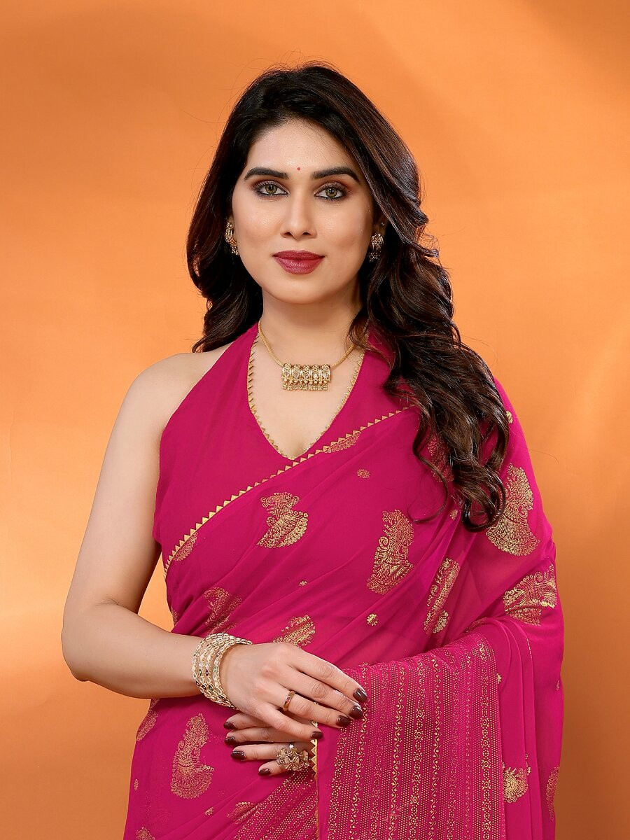 Pink Georgette Traditional Foil Work Zalar Lace Wedding Reception Party Festival Heavy Border Sarees