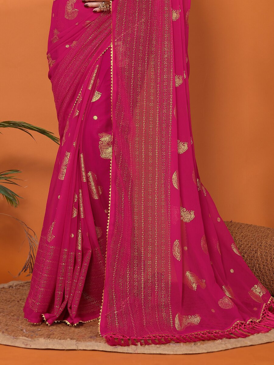 Pink Georgette Traditional Foil Work Zalar Lace Wedding Reception Party Festival Heavy Border Sarees