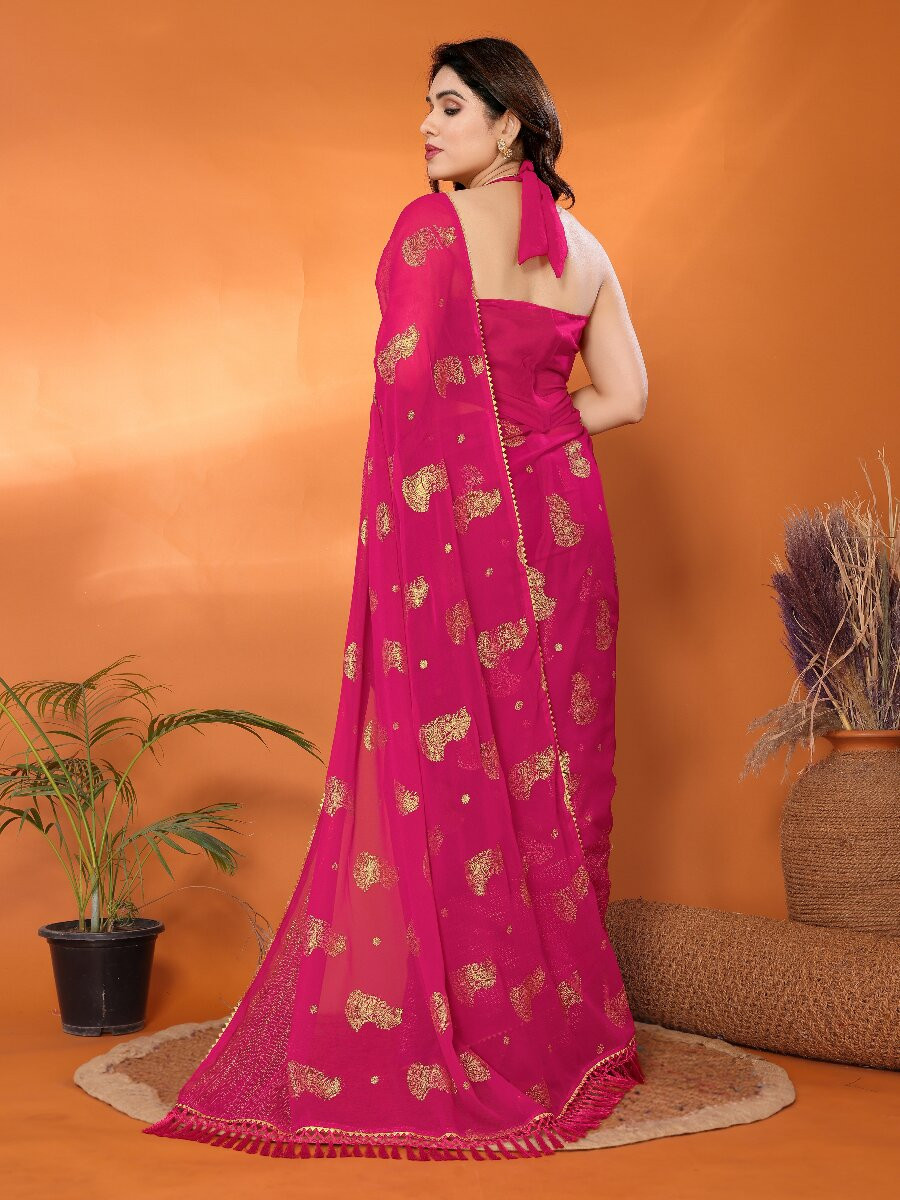 Pink Georgette Traditional Foil Work Zalar Lace Wedding Reception Party Festival Heavy Border Sarees