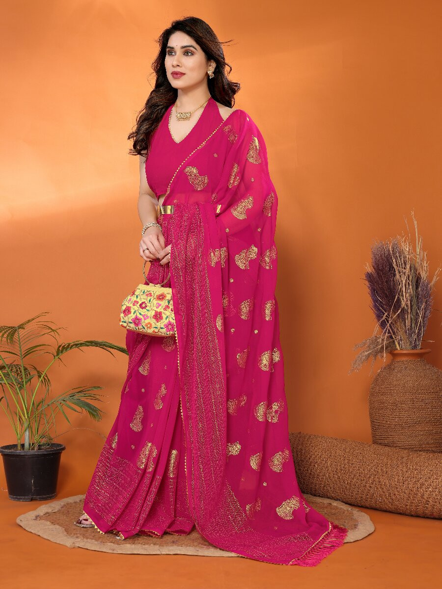 Pink Georgette Traditional Foil Work Zalar Lace Wedding Reception Party Festival Heavy Border Sarees