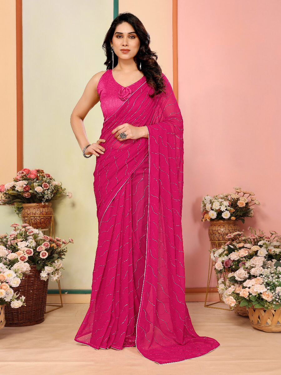 Pink Georgette Traditional Wedding Reception Party Festival Casual Classic Style Sarees