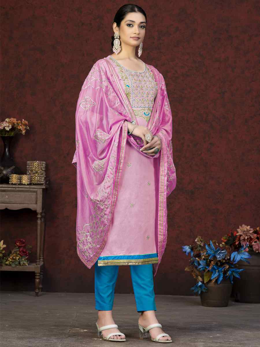 Pink Glass Cotton Embroidered Casual Festival Pant Salwar Kameez