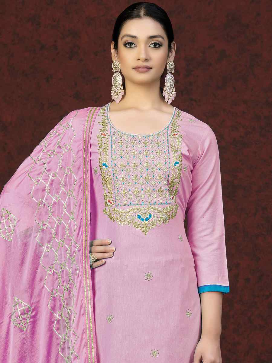 Pink Glass Cotton Embroidered Casual Festival Pant Salwar Kameez