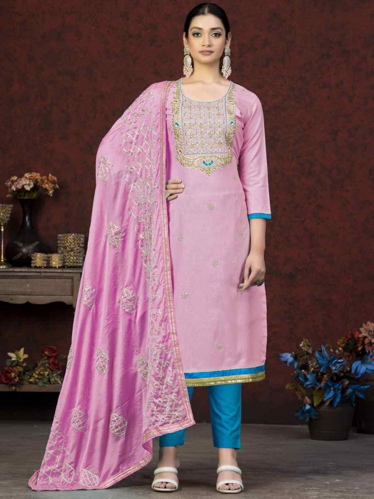 Pink Glass Cotton Embroidered Casual Festival Pant Salwar Kameez