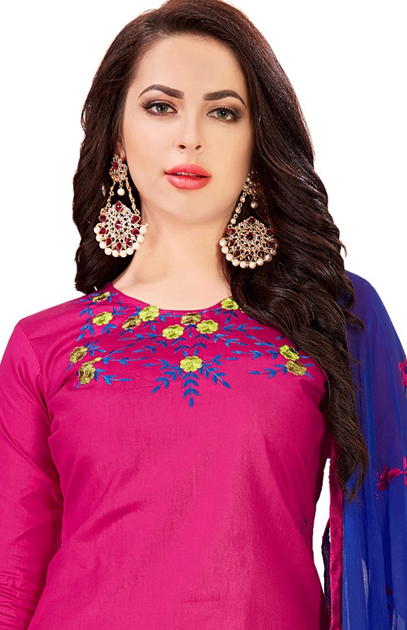 Pink Glass Cotton Embroidered Casual Party Churidar Salwar Kameez