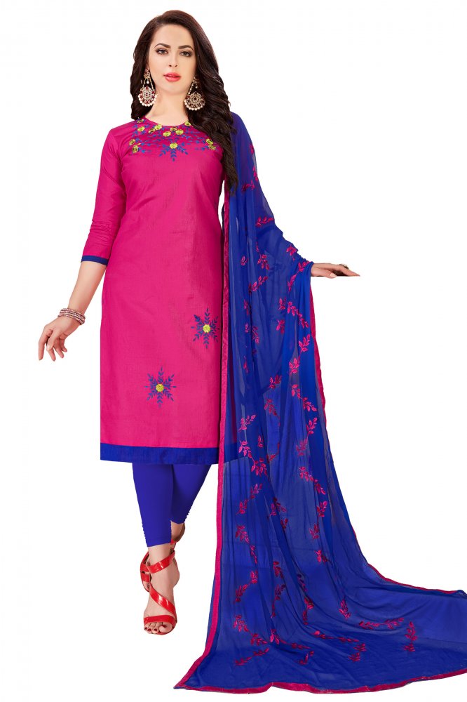 Pink Glass Cotton Embroidered Casual Party Churidar Salwar Kameez