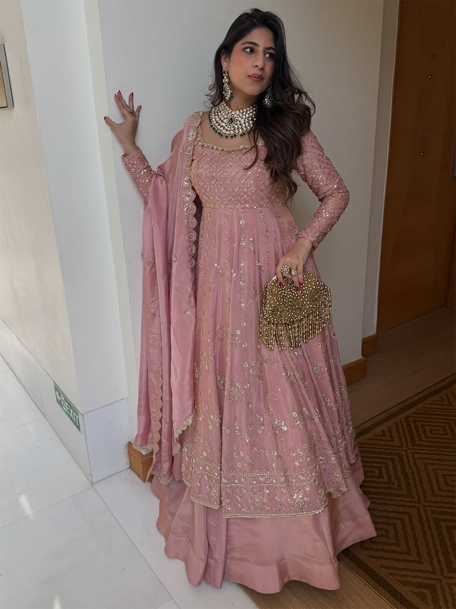 Pink GMY Silk Embroidery Sequins Wedding Party Festival Casual Ready Anarkali Salwar Kameez