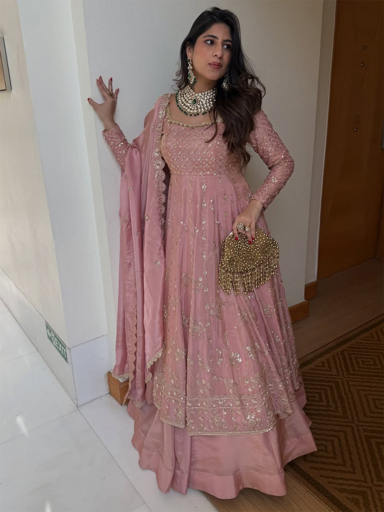 Image of Pink GMY Silk Embroidery Sequins Wedding Party Festival Casual Ready Anarkali Salwar Kameez