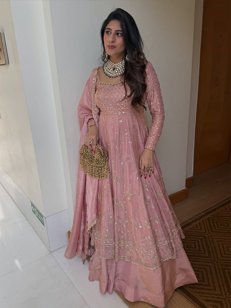 Pink GMY Silk Embroidery Sequins Wedding Party Festival Casual Ready Anarkali Salwar Kameez