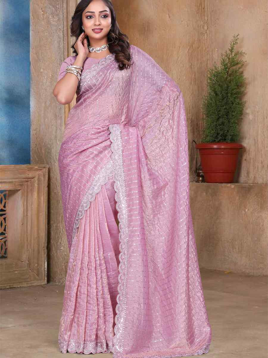 Pink Gold Cruch Silk Embroidered Festival Wedding Fancy Heavy Border Saree