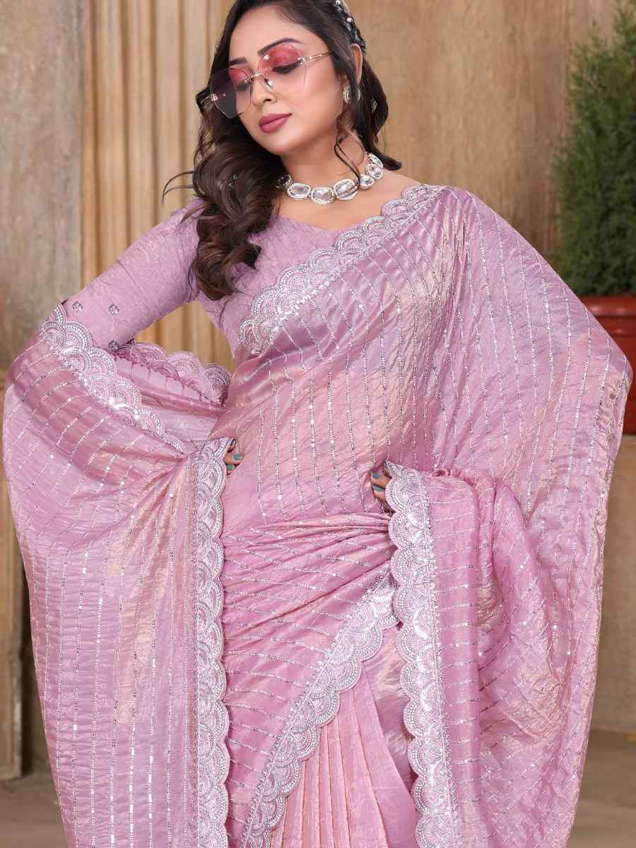 Pink Gold Cruch Silk Embroidered Festival Wedding Fancy Heavy Border Saree