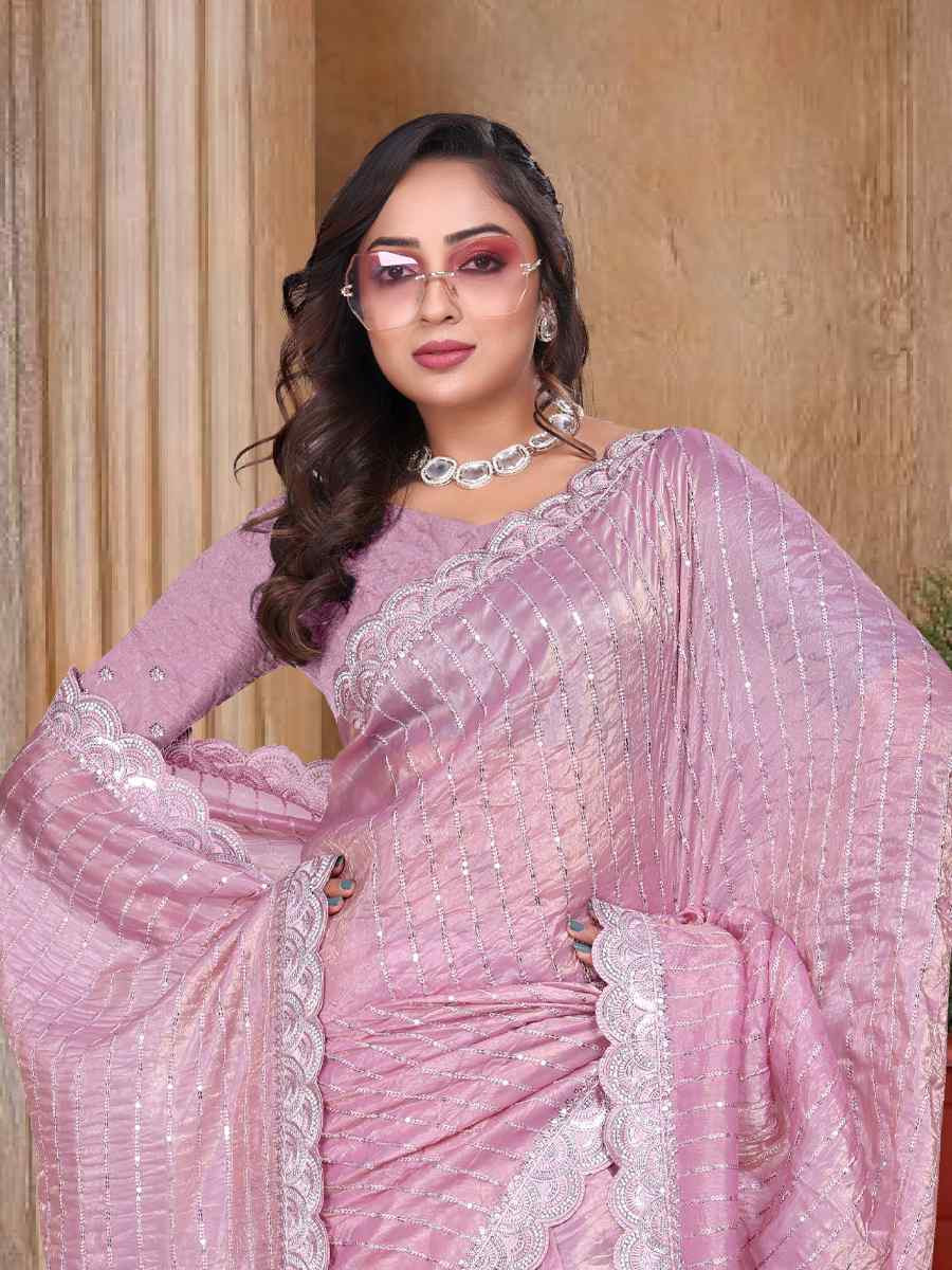 Pink Gold Cruch Silk Embroidered Festival Wedding Fancy Heavy Border Saree