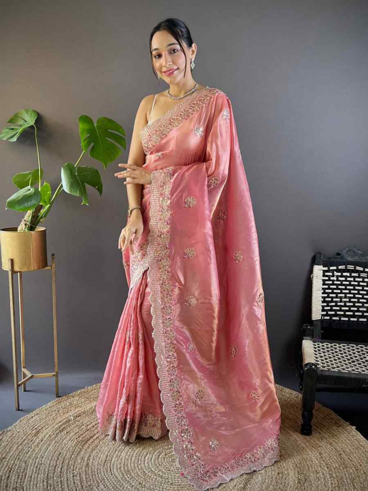 Pink Gold Crunchy Embroidered Festival Wedding Fancy Heavy Border Saree