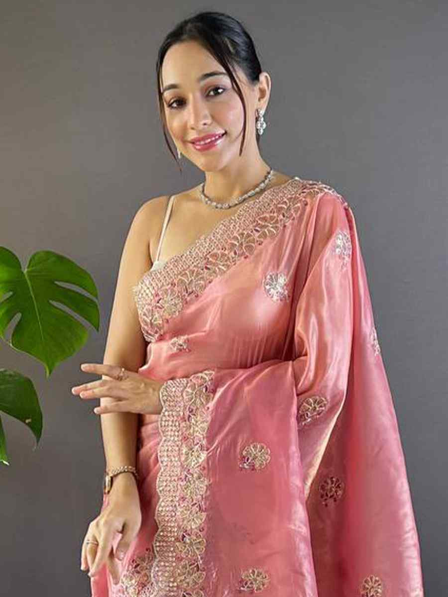 Pink Gold Crunchy Embroidered Festival Wedding Fancy Heavy Border Saree