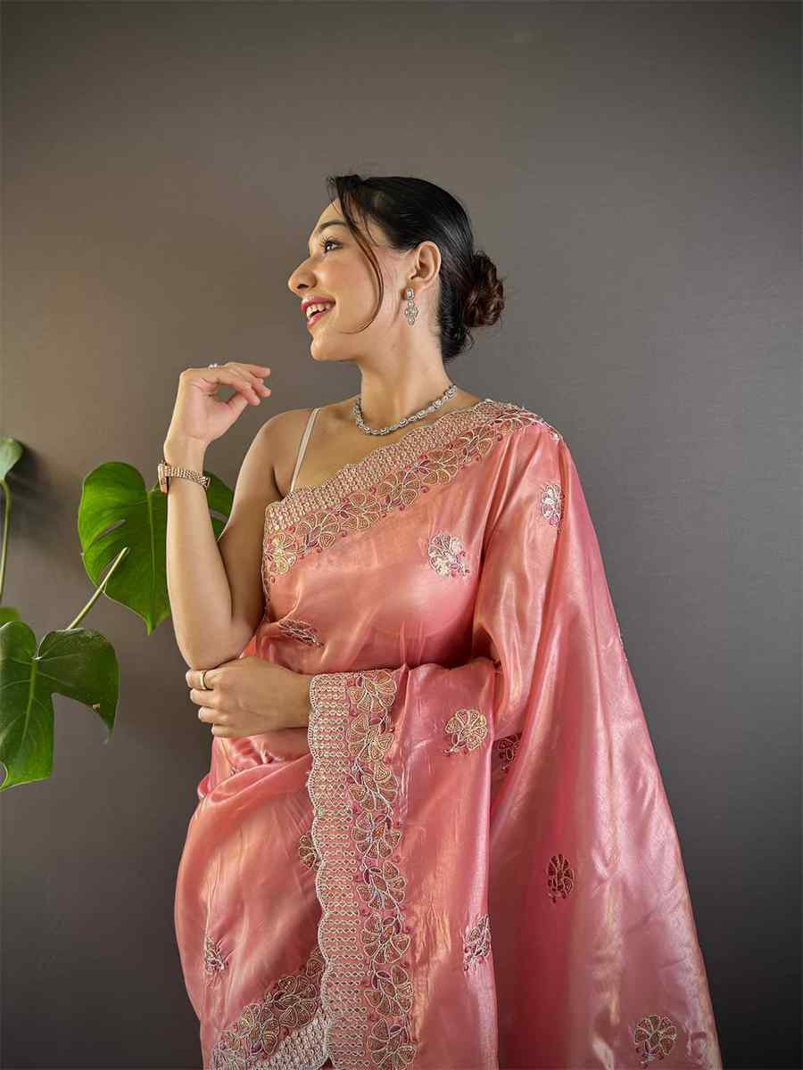Pink Gold Crunchy Embroidered Festival Wedding Fancy Heavy Border Saree