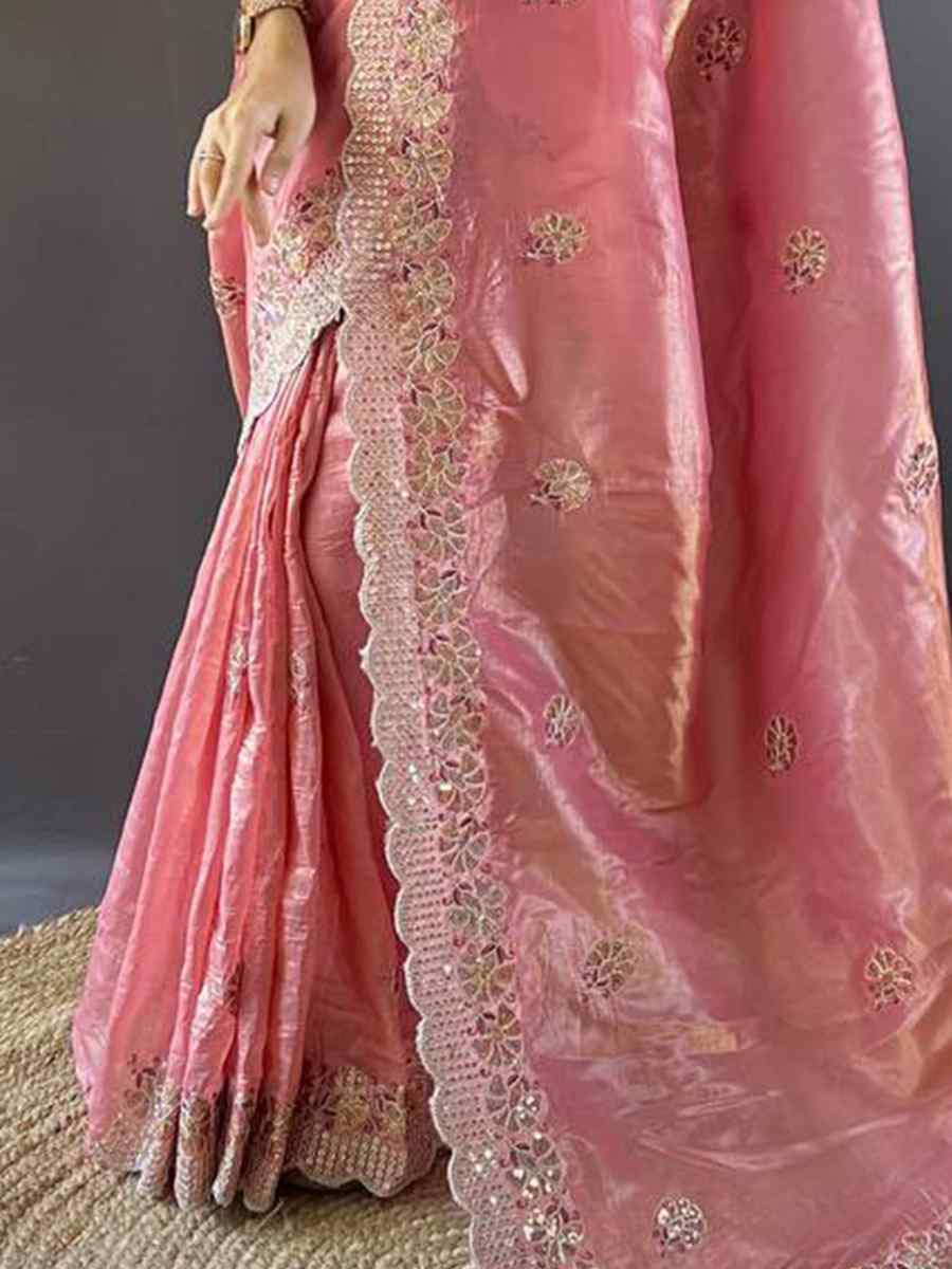 Pink Gold Crunchy Embroidered Festival Wedding Fancy Heavy Border Saree