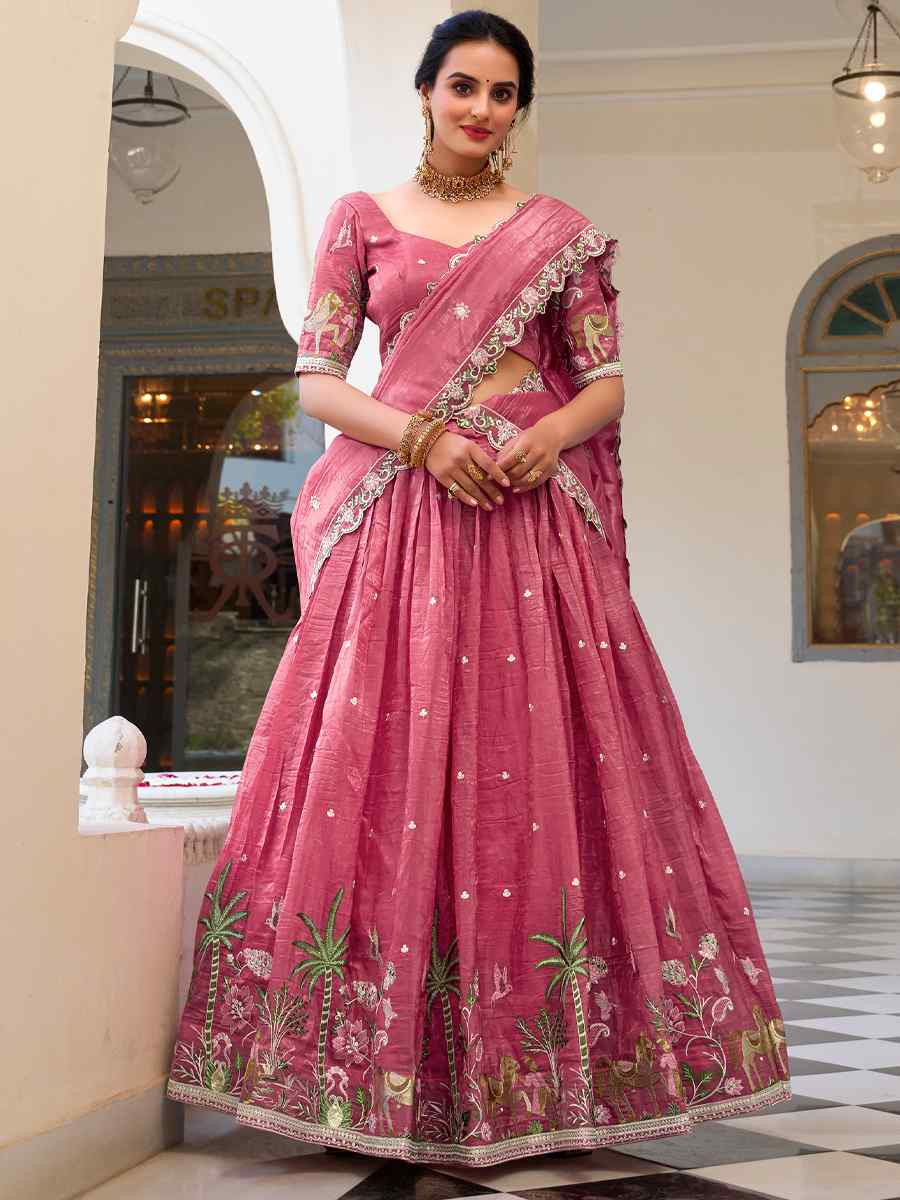 Pink Gold Crush Embroidered Reception Wedding Lehenga Choli