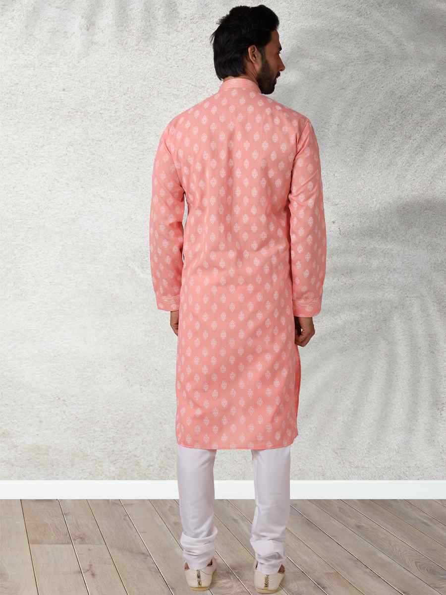 Pink Hand Loomed In Rich Yarns Of Cotton Printed Festival Wedding Kurta