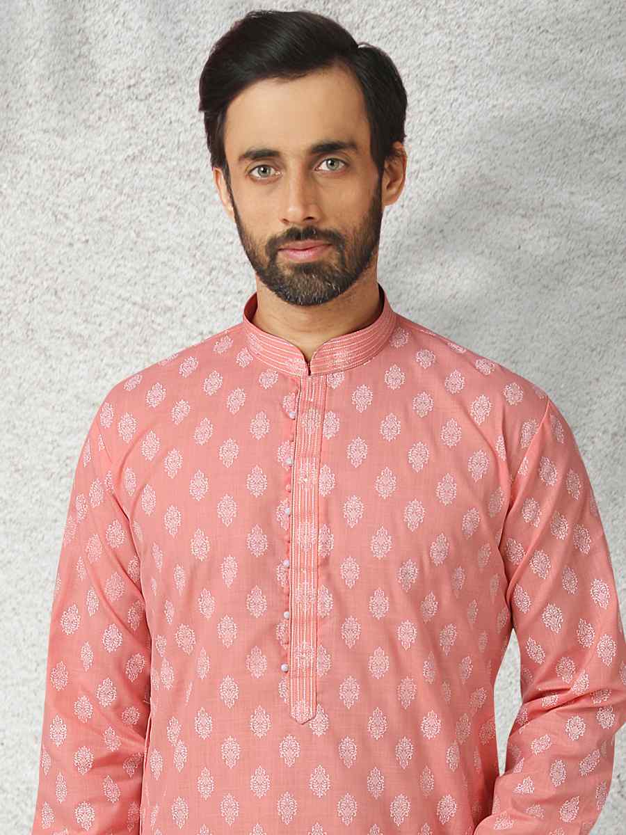 Pink Hand Loomed In Rich Yarns Of Cotton Printed Festival Wedding Kurta